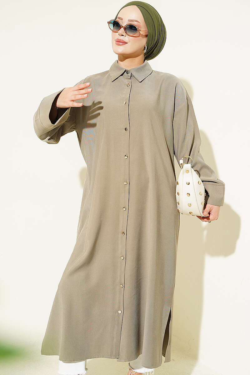 Long Tencel Tunic with Slit Detail - Khaki