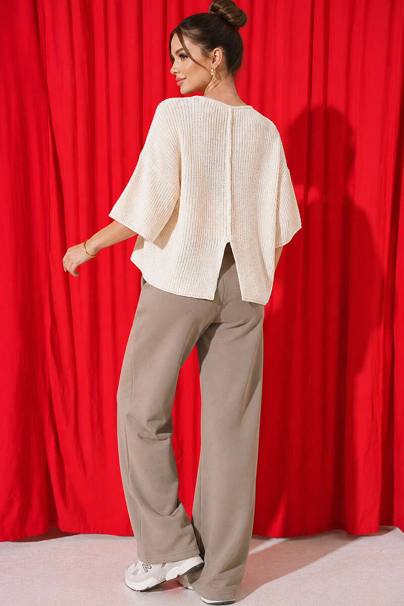 Short Knit Cardigan with Slit Detail - Beige