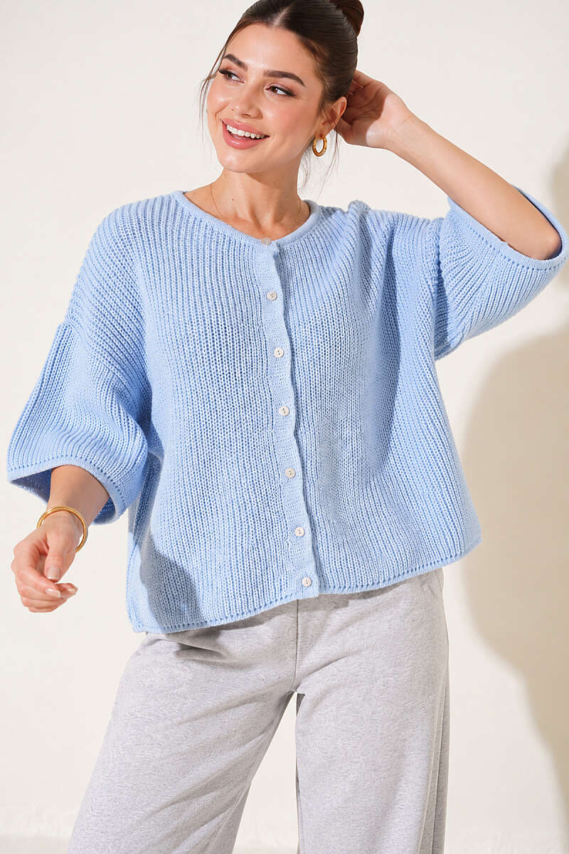 Short Knit Cardigan with Slit Detail - Blue