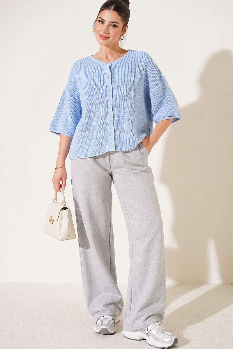 Short Knit Cardigan with Slit Detail - Blue