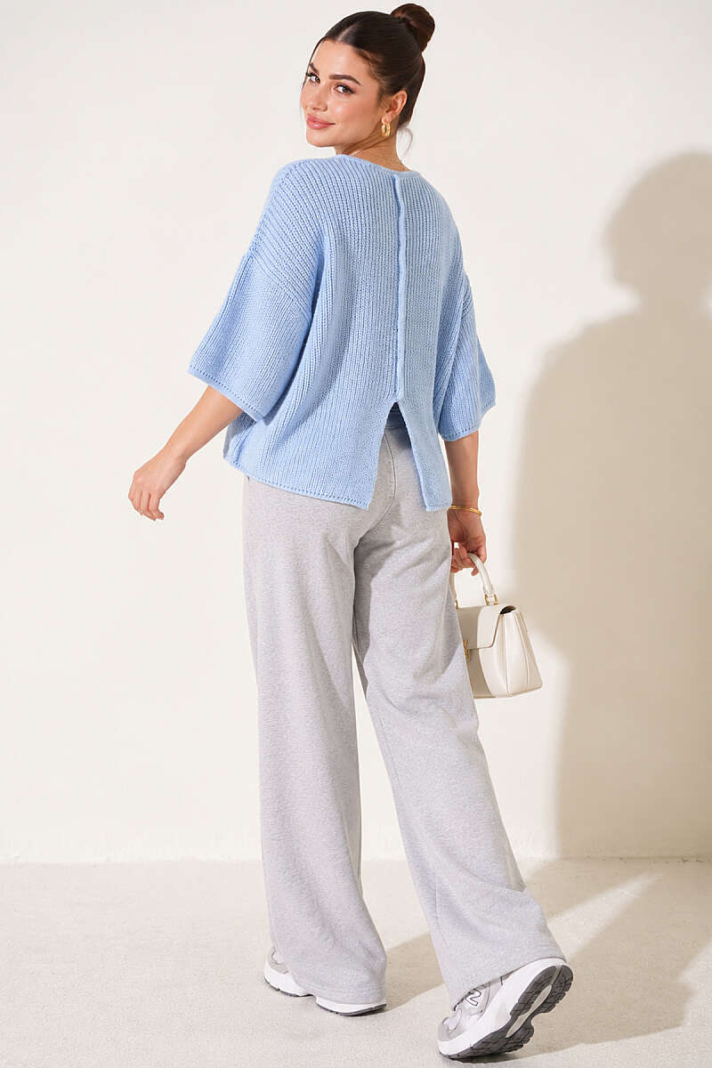 Short Knit Cardigan with Slit Detail - Blue
