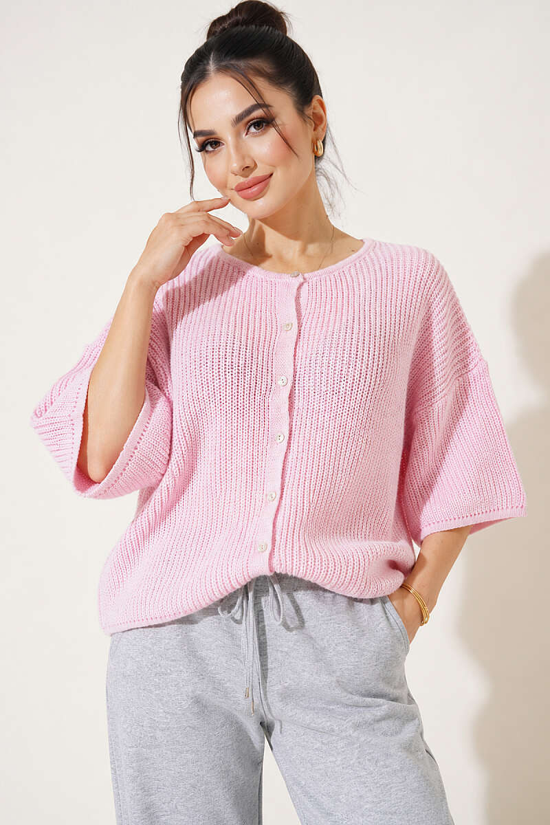 Short Knit Cardigan with Slit Detail - Pink