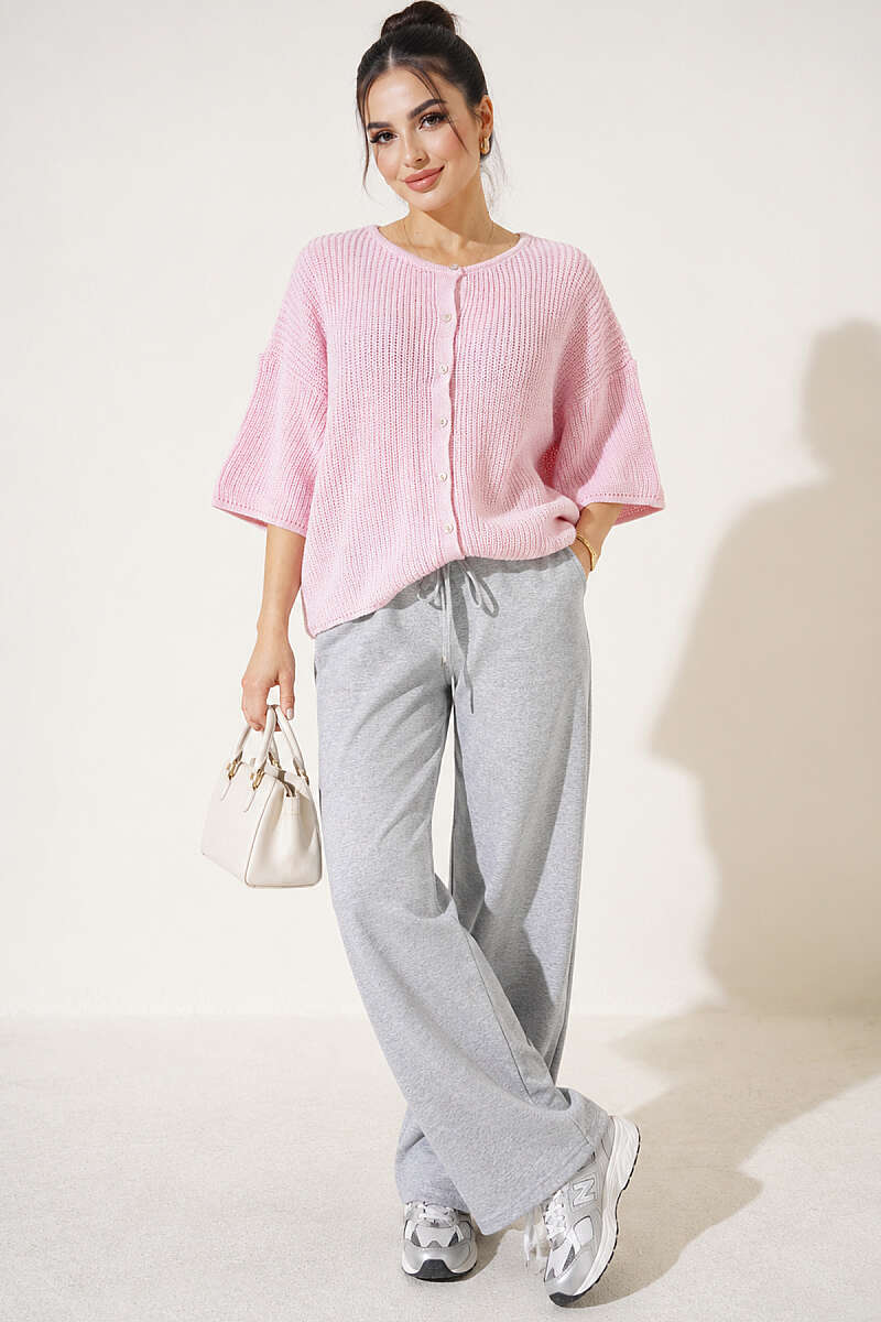 Short Knit Cardigan with Slit Detail - Pink