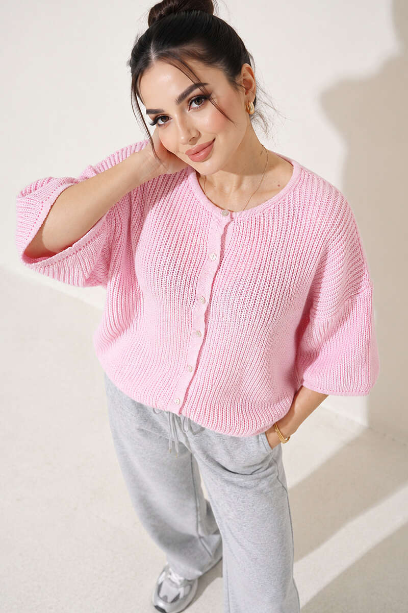 Short Knit Cardigan with Slit Detail - Pink