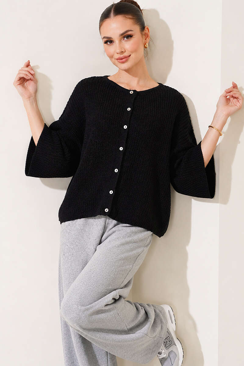 Short Knit Cardigan with Slit Detail - Black