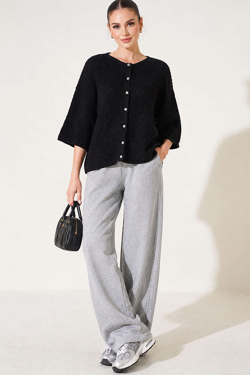 Short Knit Cardigan with Slit Detail - Black