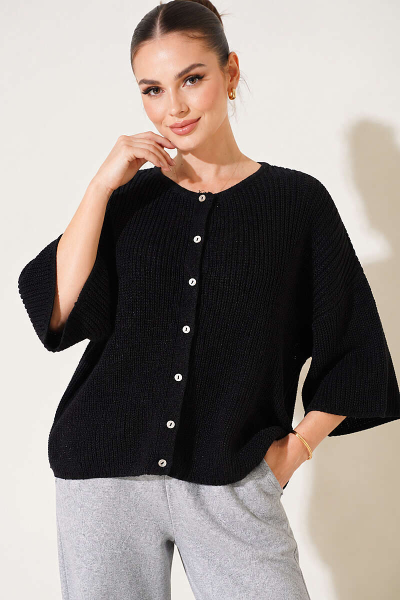 Short Knit Cardigan with Slit Detail - Black