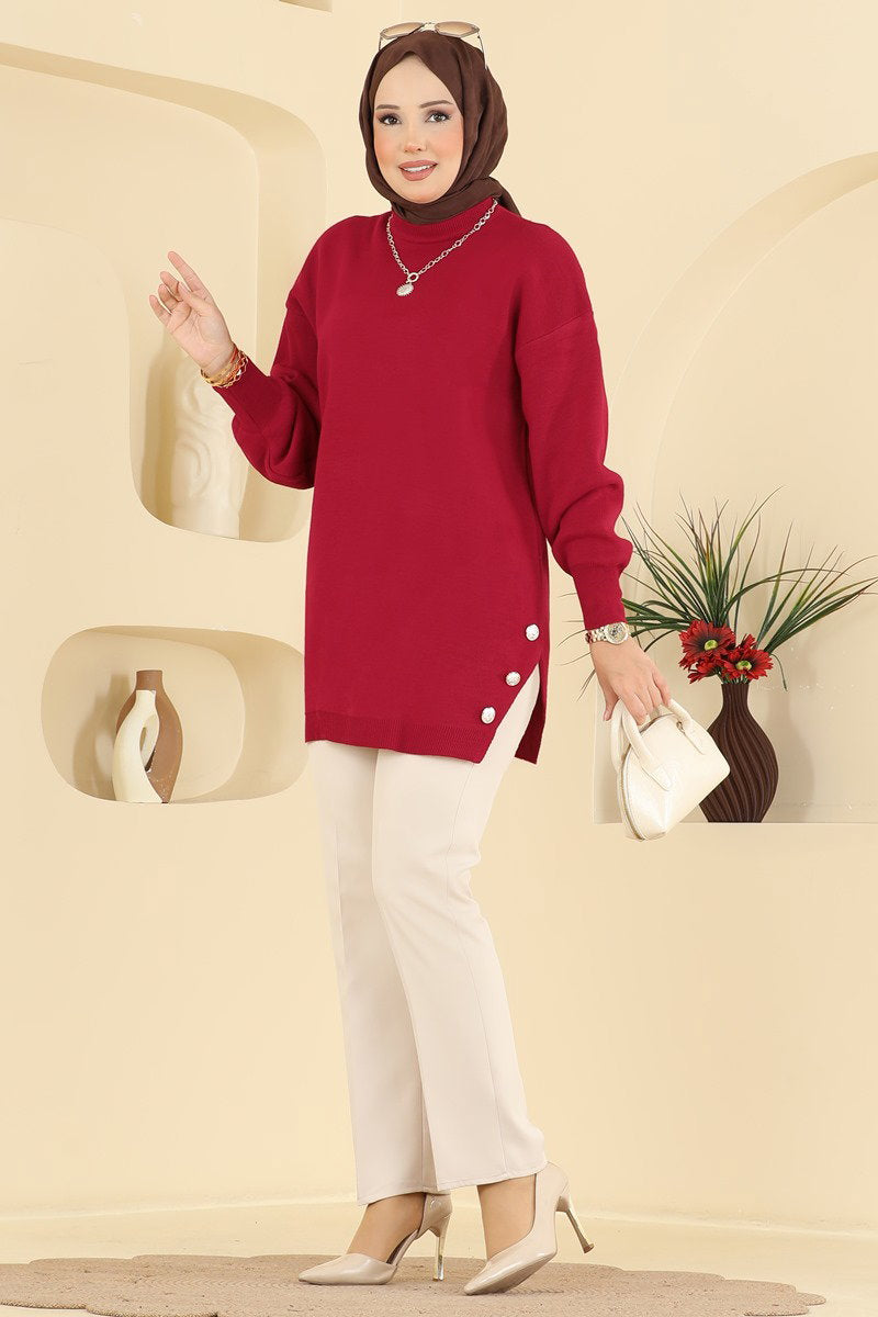 Knit Tunic with Side Slits - Red