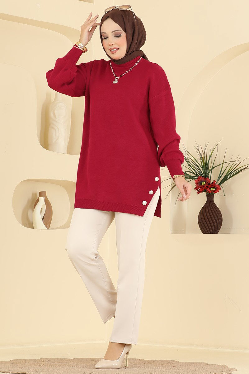 Knit Tunic with Side Slits - Red