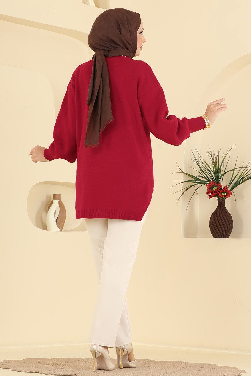 Knit Tunic with Side Slits - Red