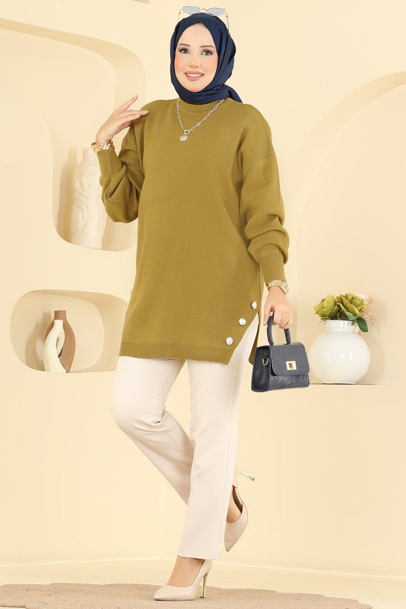 Knit Tunic with Side Slits - Olive