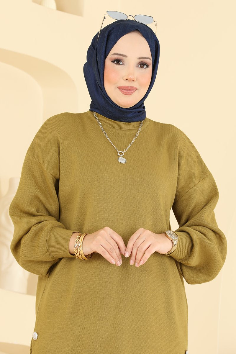 Knit Tunic with Side Slits - Olive