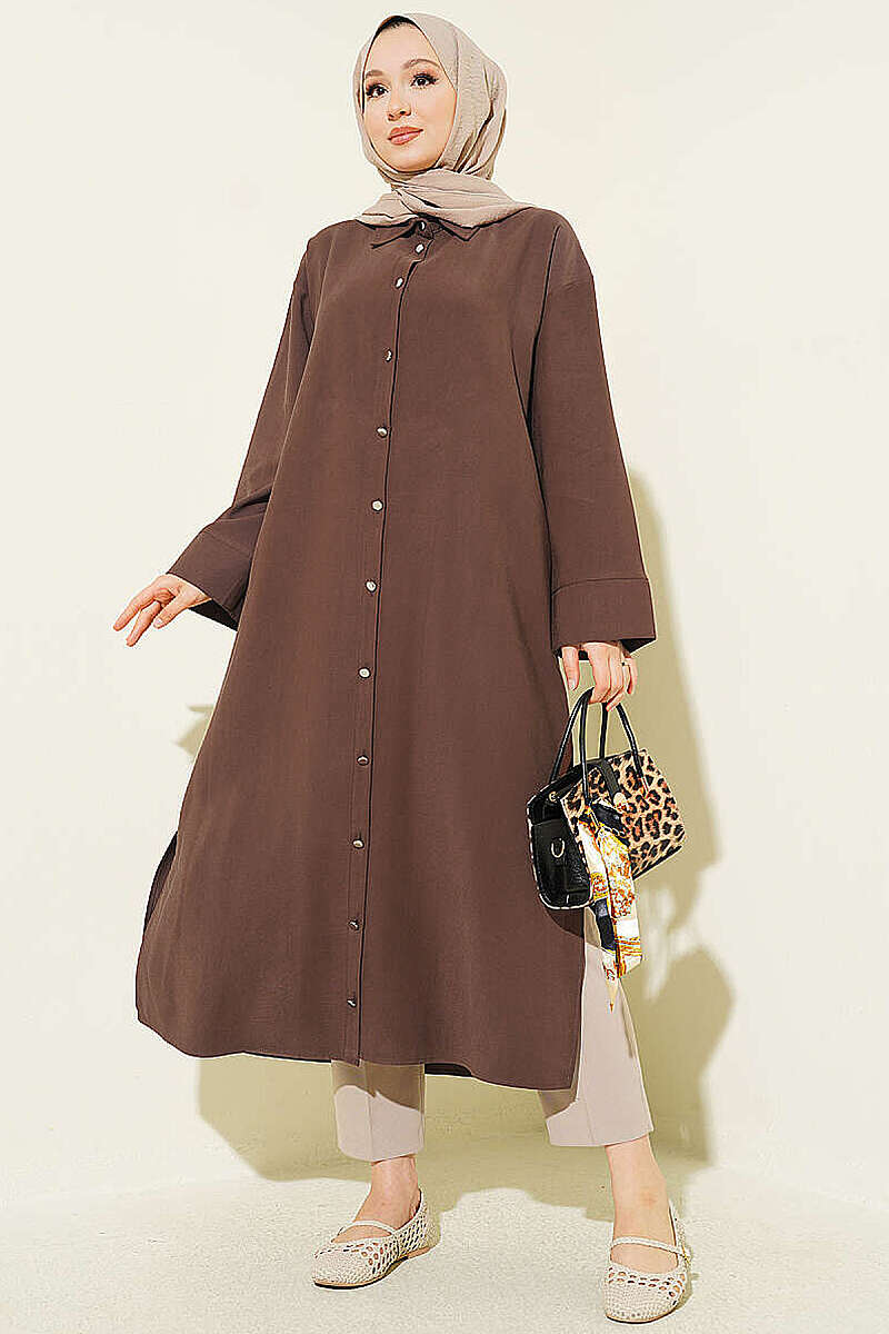 Long Tencel Tunic with Slit Detail - Brown