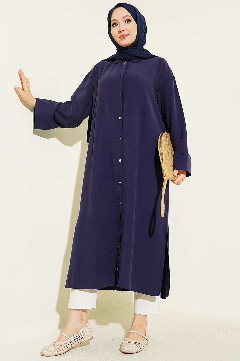 Long Tencel Tunic with Slit Detail - Navy