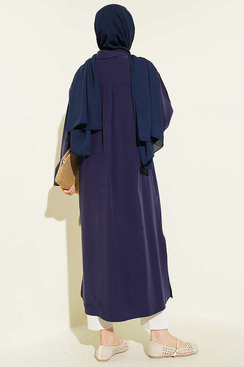 Long Tencel Tunic with Slit Detail - Navy
