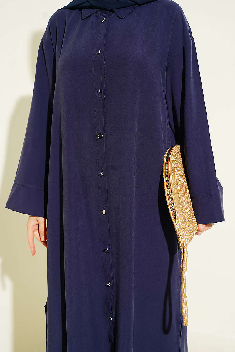 Long Tencel Tunic with Slit Detail - Navy