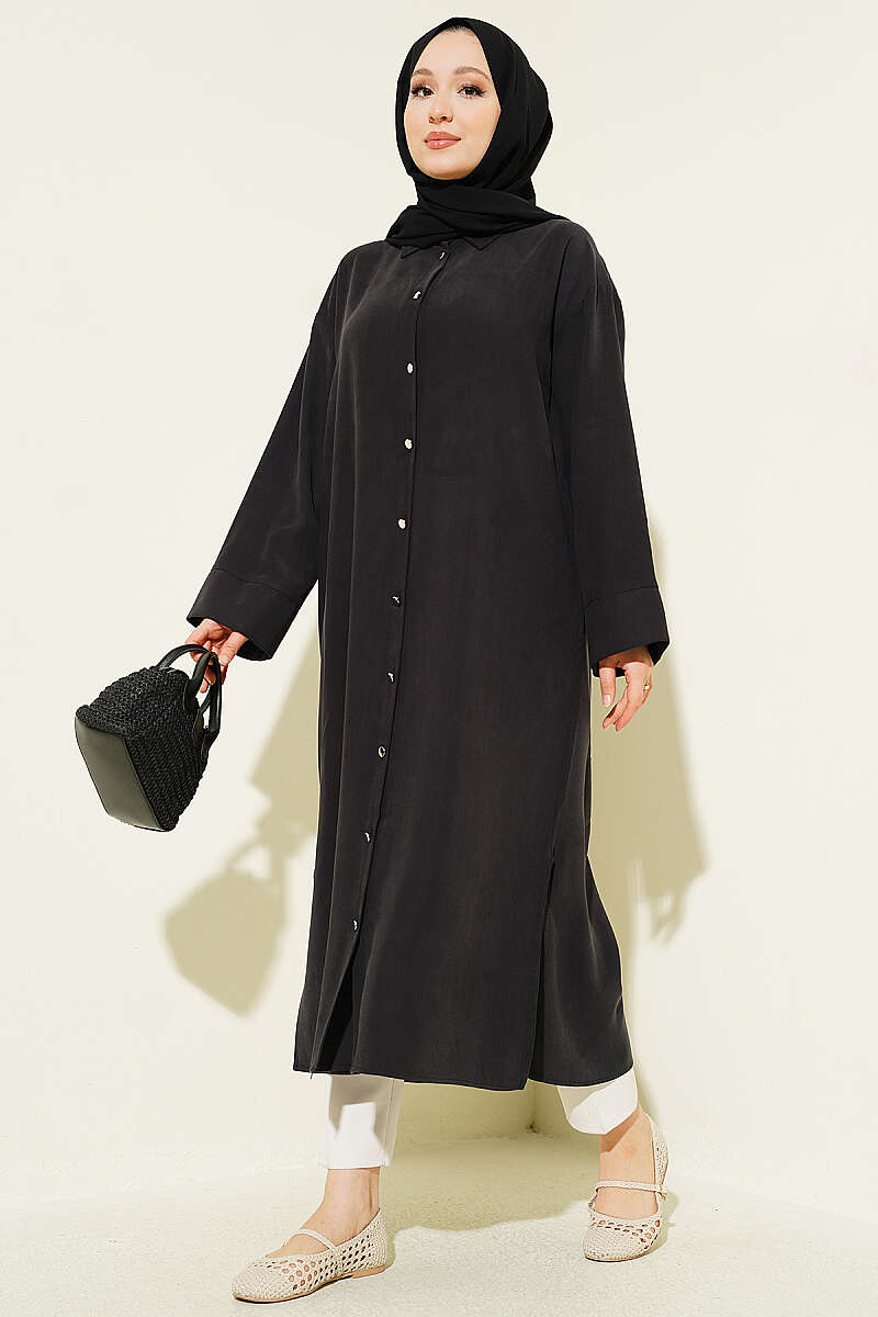 Long Tencel Tunic with Slit Detail - Black