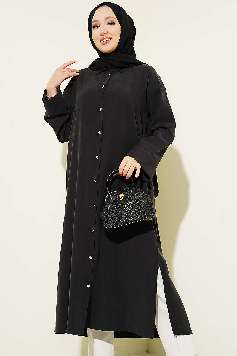 Long Tencel Tunic with Slit Detail - Black