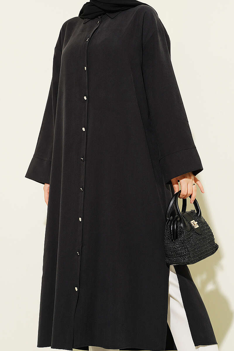 Long Tencel Tunic with Slit Detail - Black