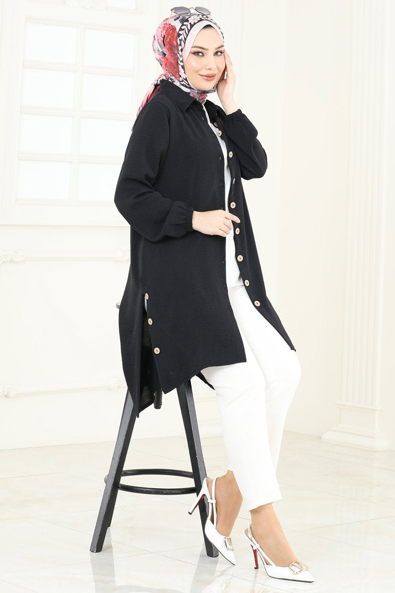 Modest Aerobin Tunic with Buttoned Slits - Black