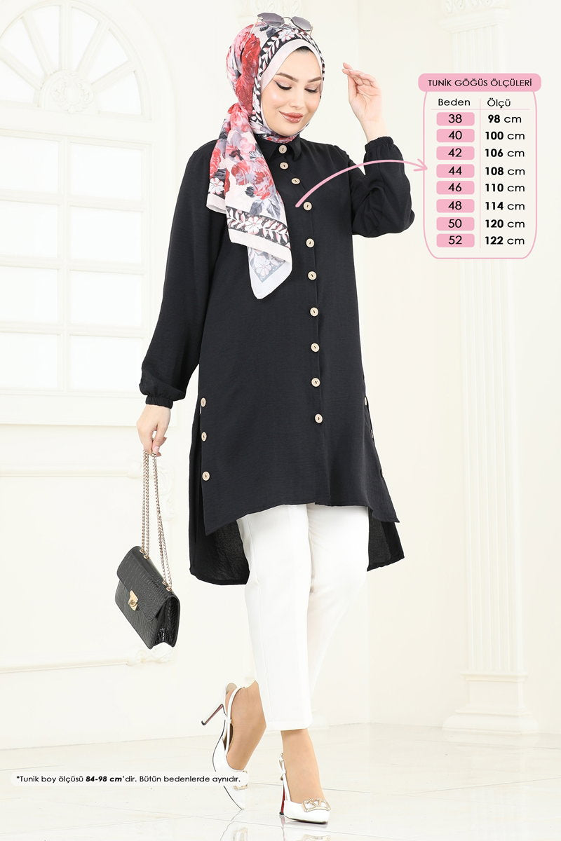 Modest Aerobin Tunic with Buttoned Slits - Black