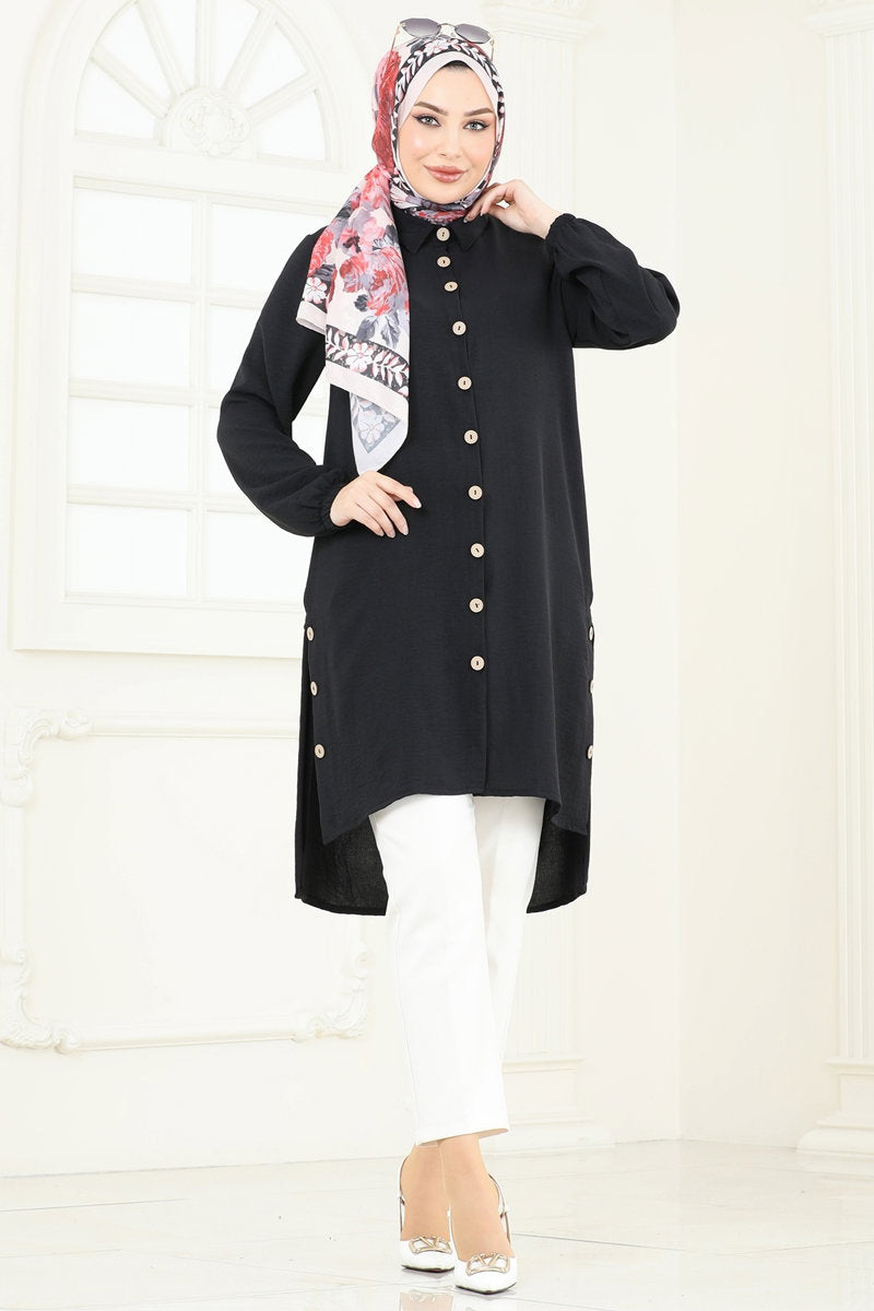 Modest Aerobin Tunic with Buttoned Slits - Black