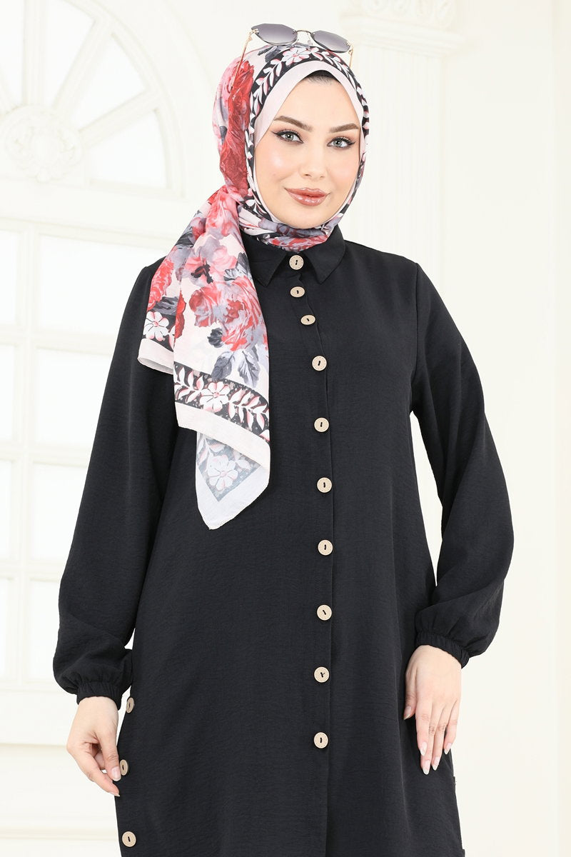 Modest Aerobin Tunic with Buttoned Slits - Black