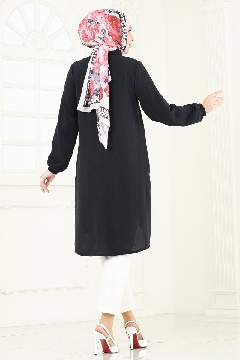 Modest Aerobin Tunic with Buttoned Slits - Black
