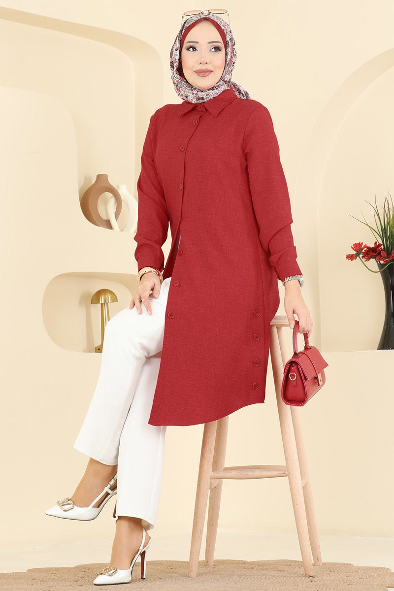 Linen Tunic with Buttoned Slits - Red