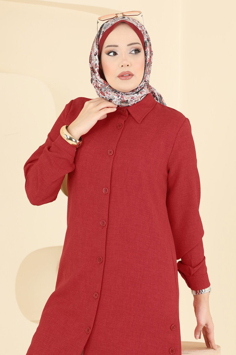 Linen Tunic with Buttoned Slits - Red