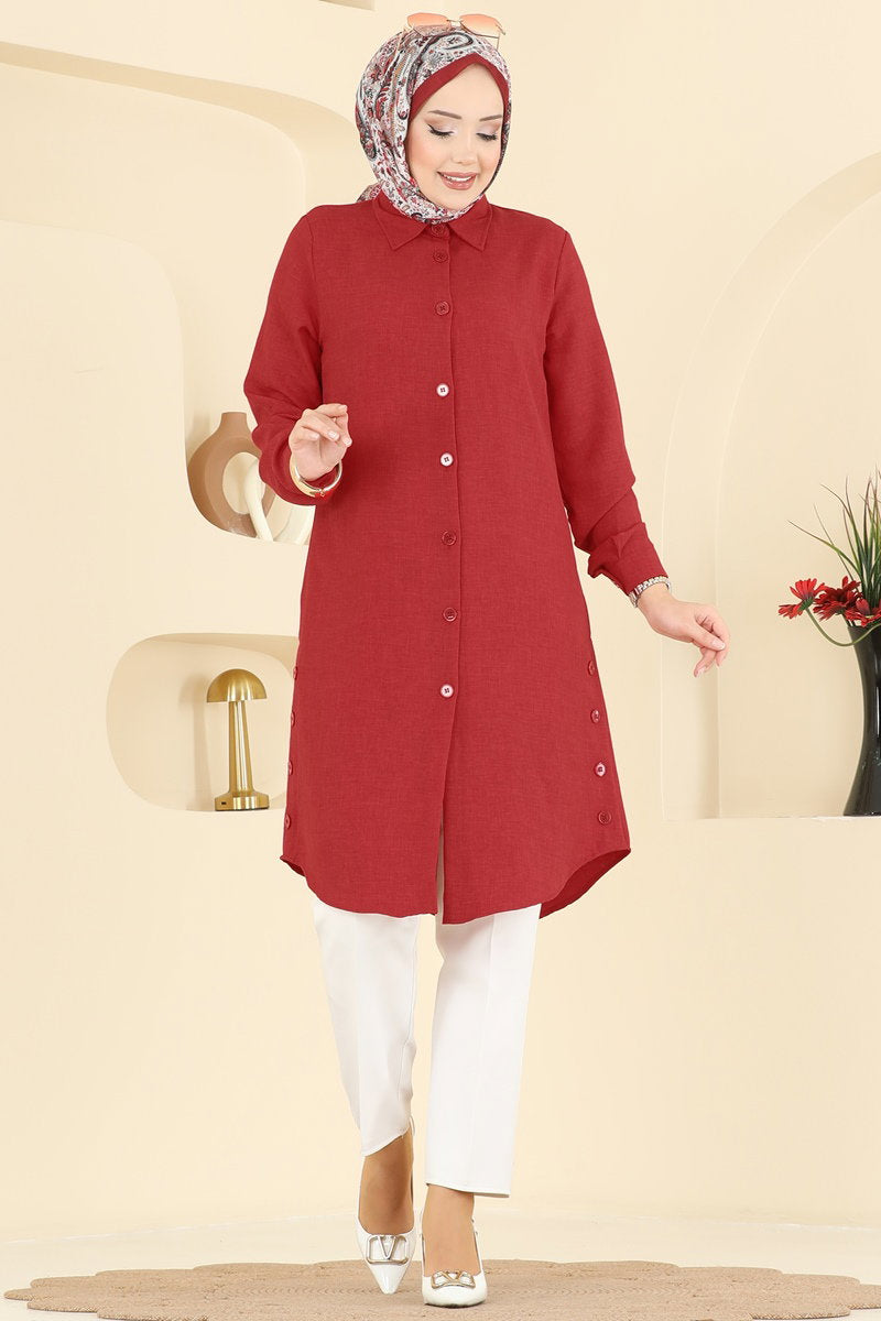 Linen Tunic with Buttoned Slits - Red
