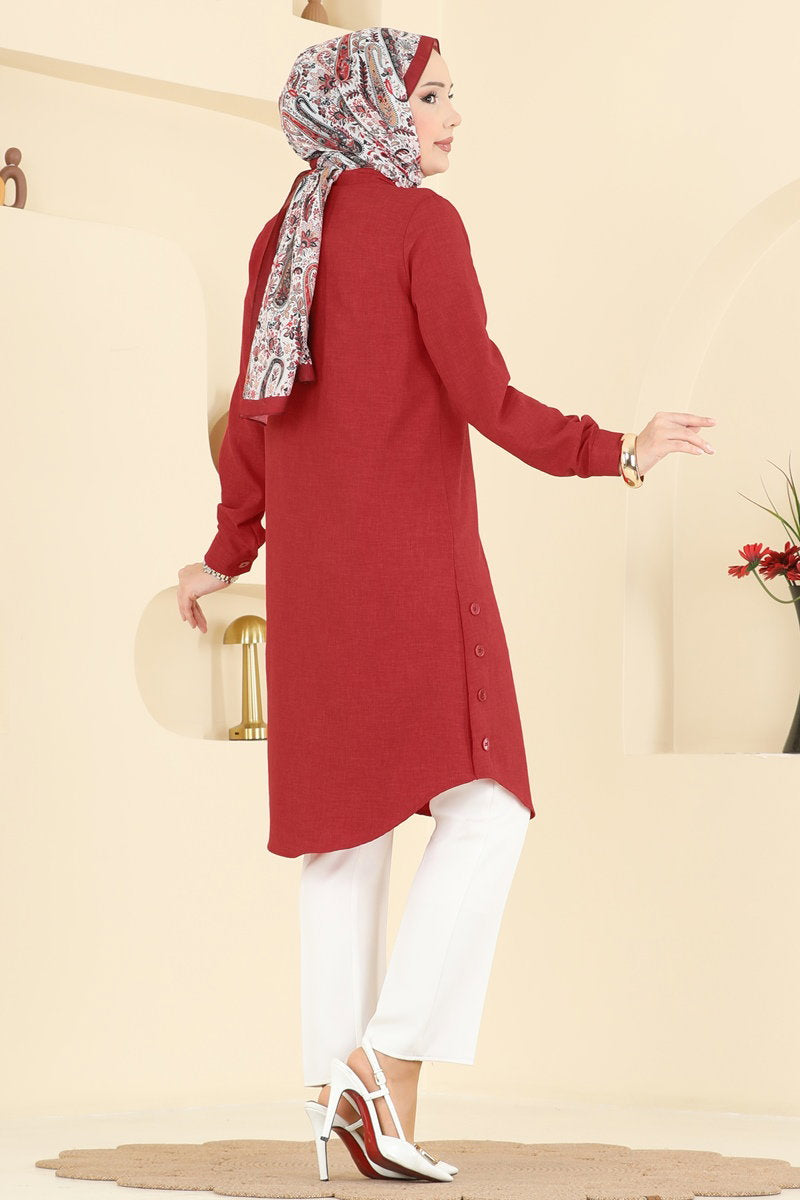 Linen Tunic with Buttoned Slits - Red