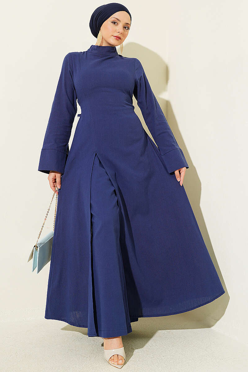 Linen Tunic Two-Piece Set with Slits and Waist Tie - Navy