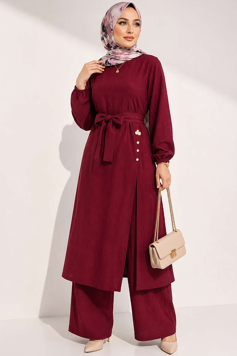 Long Tunic Set with Slits and Flower Accessory - Burgundy
