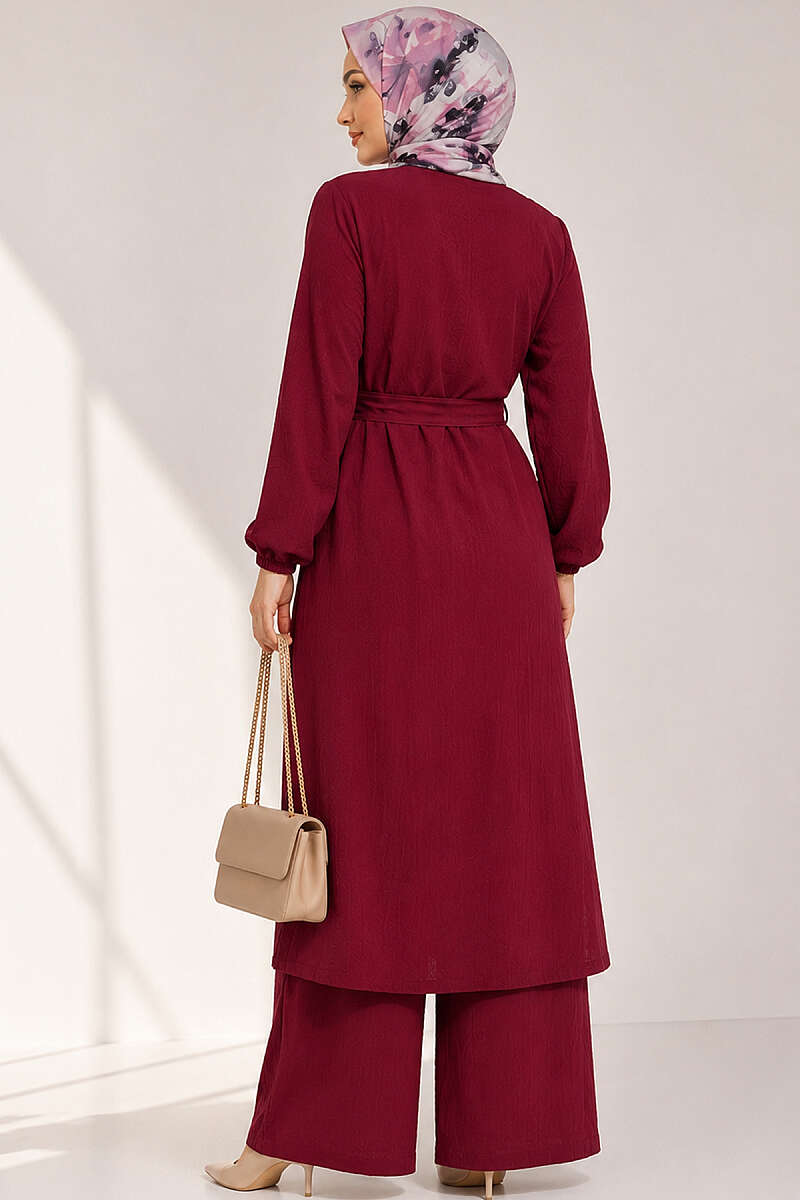 Long Tunic Set with Slits and Flower Accessory - Burgundy