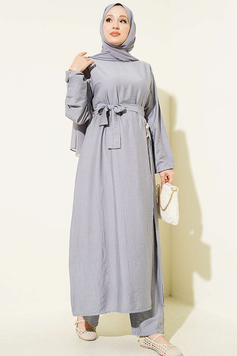 Long Tunic Set with Slits and Flower Accessory - Grey