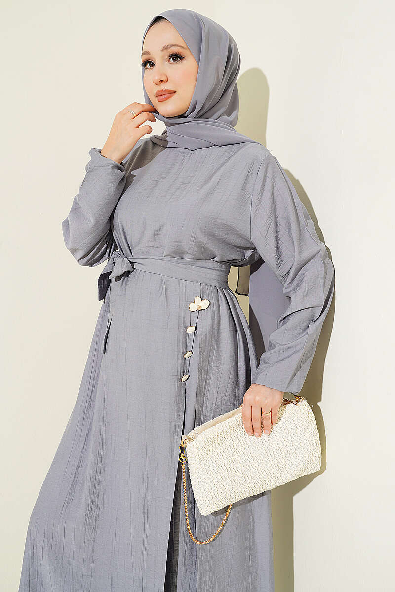 Long Tunic Set with Slits and Flower Accessory - Grey