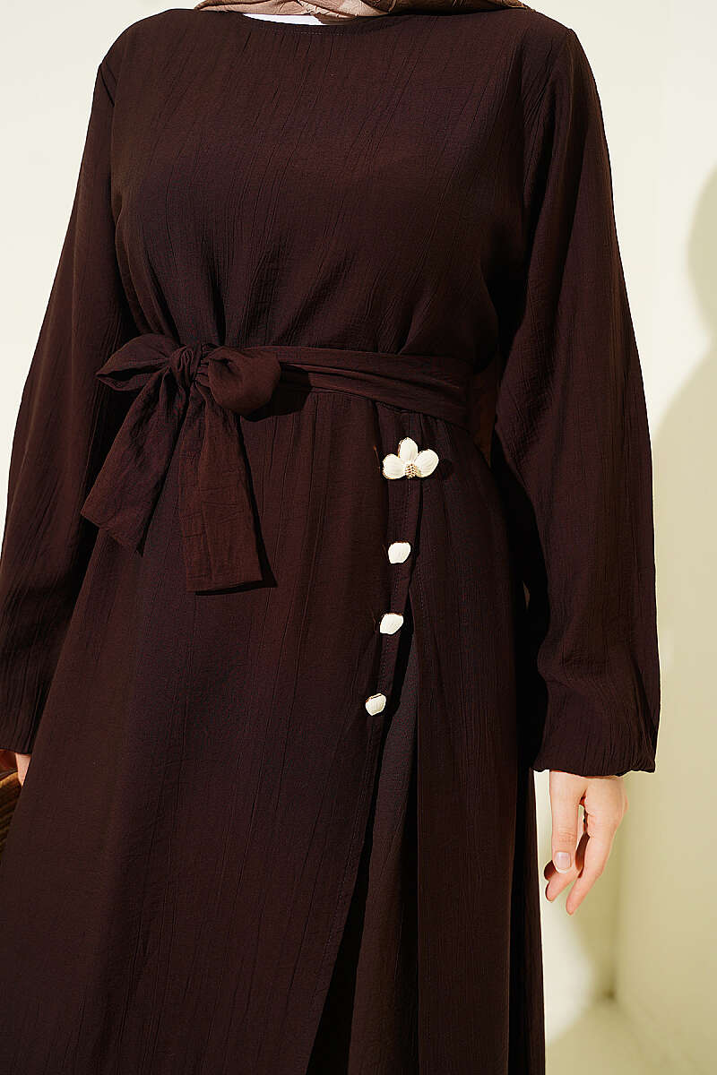 Long Tunic Set with Slits and Flower Accessory - Brown