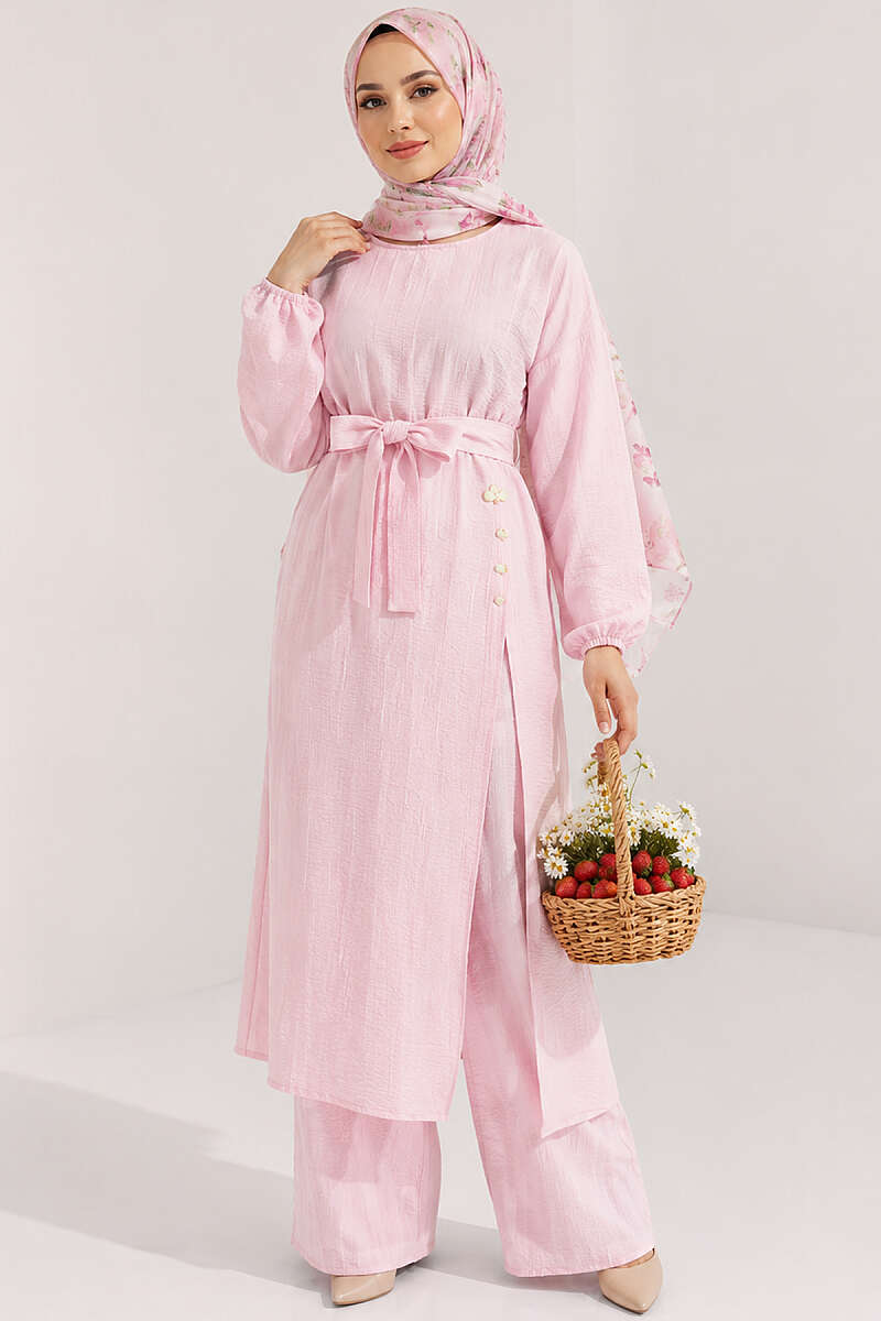 Long Tunic Set with Slits and Flower Accessory - Pink