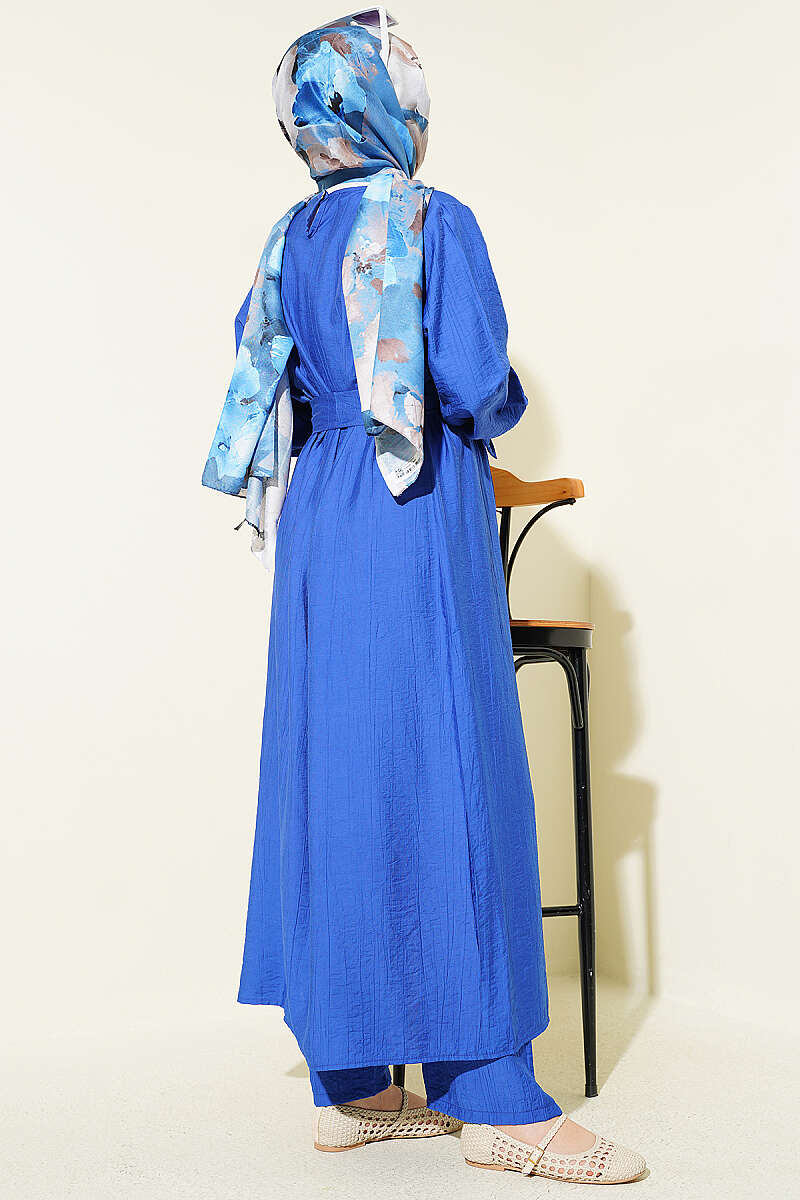 Long Tunic Set with Slits and Flower Accessory - Saxe Blue