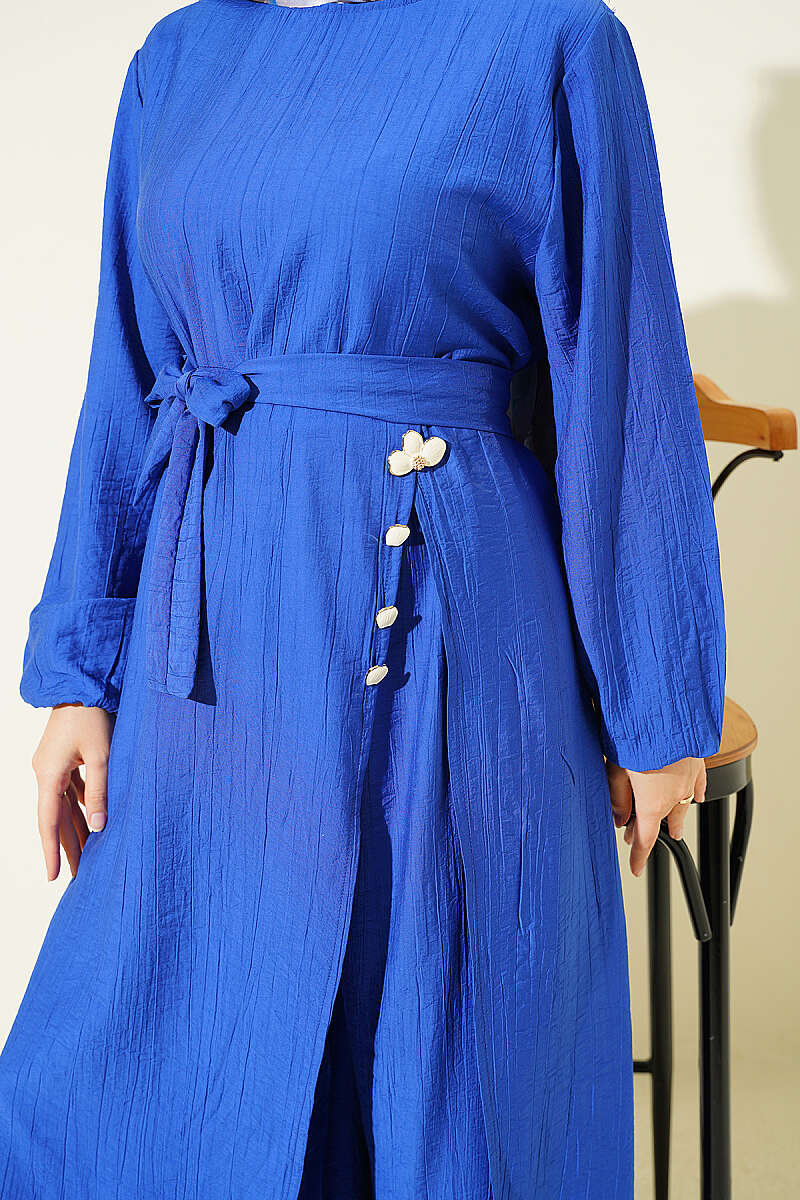 Long Tunic Set with Slits and Flower Accessory - Saxe Blue