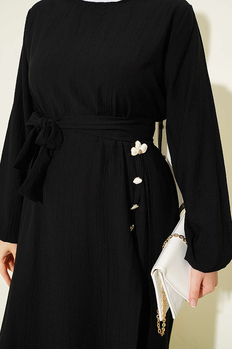 Long Tunic Set with Slits and Flower Accessory - Black
