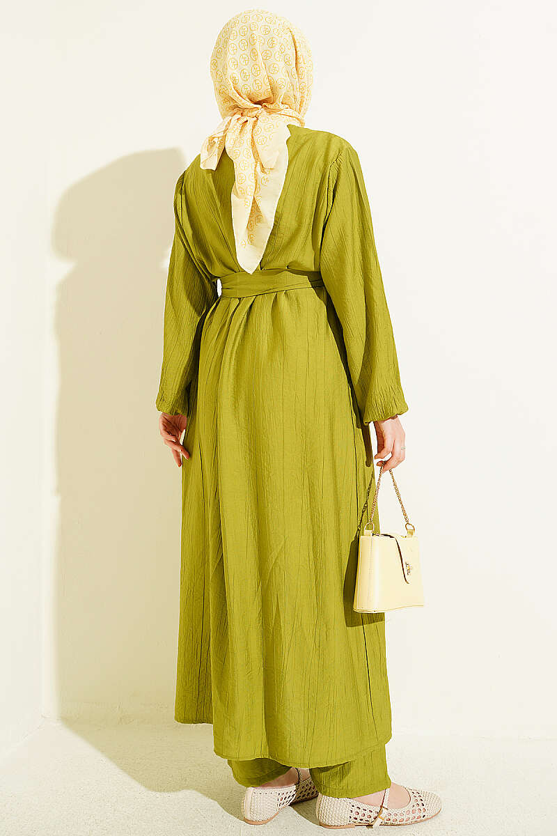 Long Tunic Set with Slits and Flower Accessory - Olive