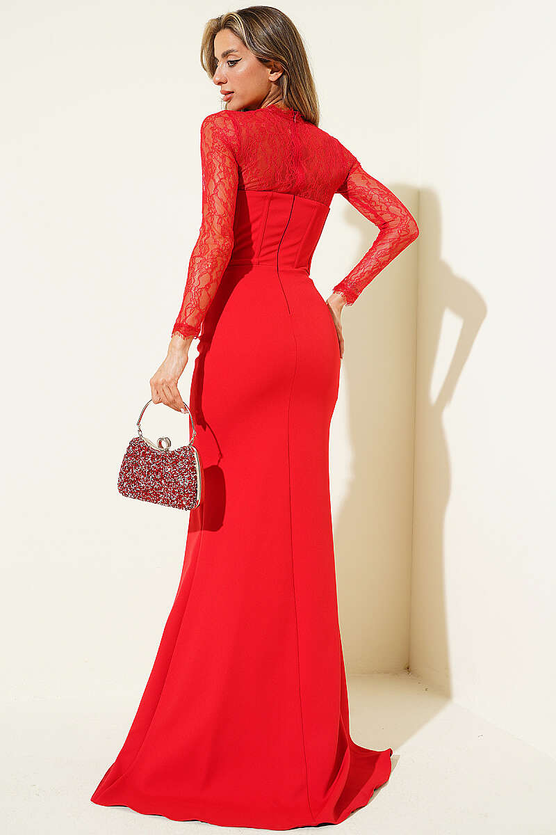 Lace-Sleeve Evening Dress with Slit - Red