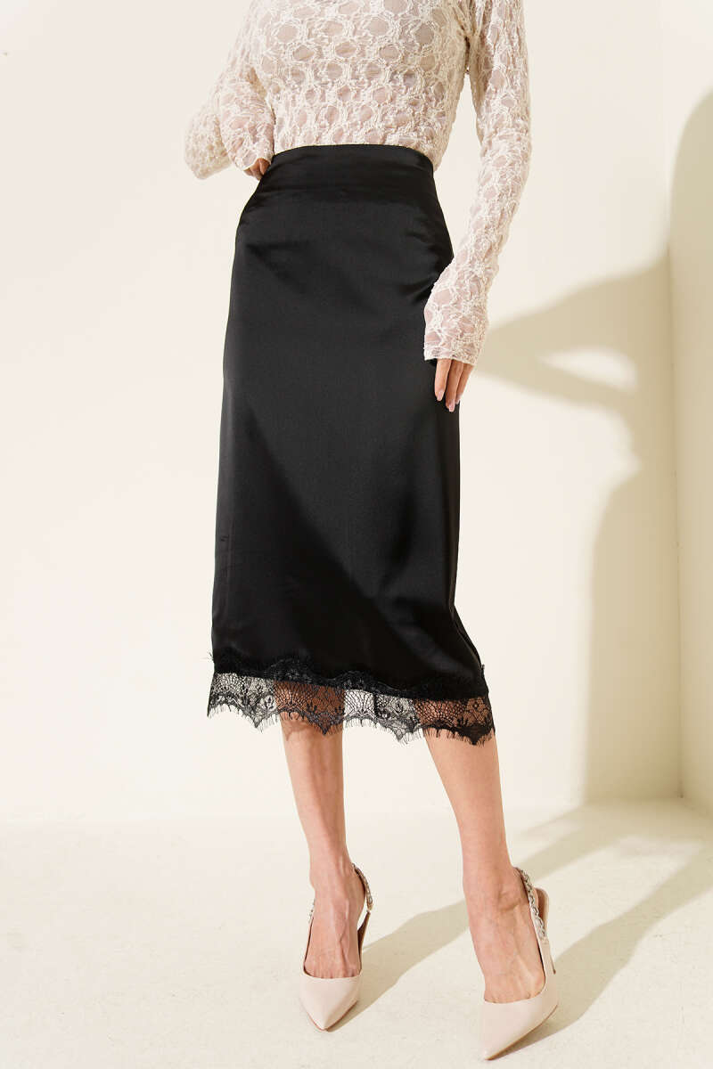 Lace Satin Midi Skirt with Slit - Black