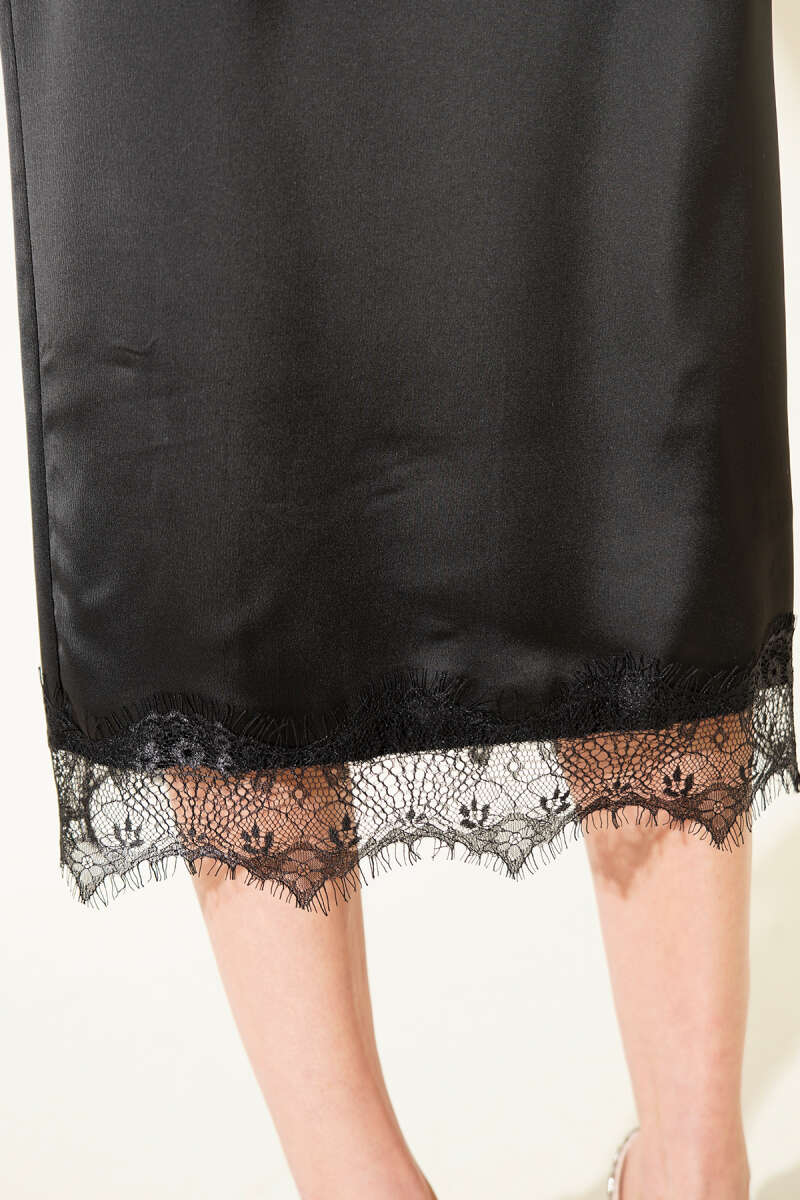 Lace Satin Midi Skirt with Slit - Black