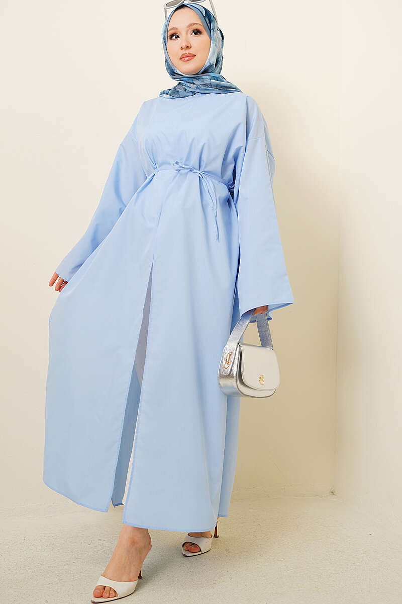 Long Tunic with Slits and Cord Belt - Blue