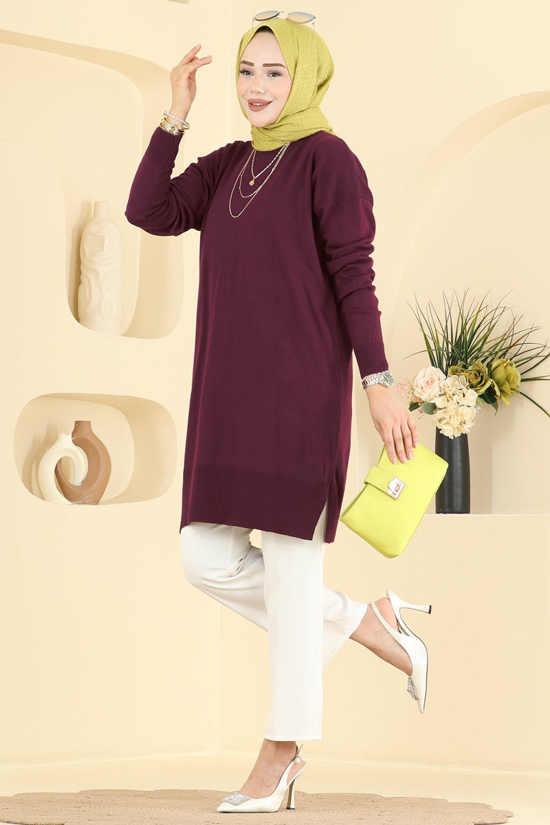 Relaxed Knit Tunic with Slits - Burgundy
