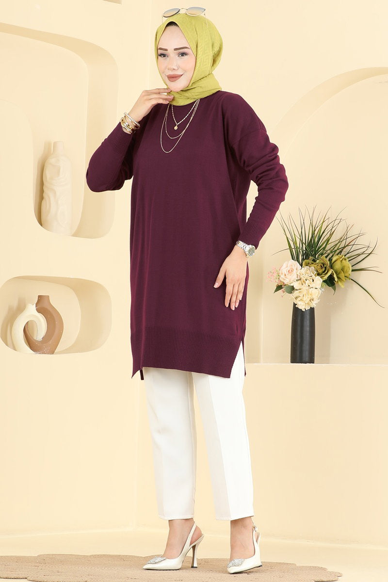 Relaxed Knit Tunic with Slits - Burgundy