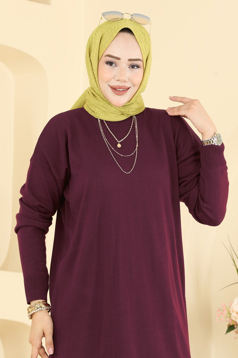Relaxed Knit Tunic with Slits - Burgundy